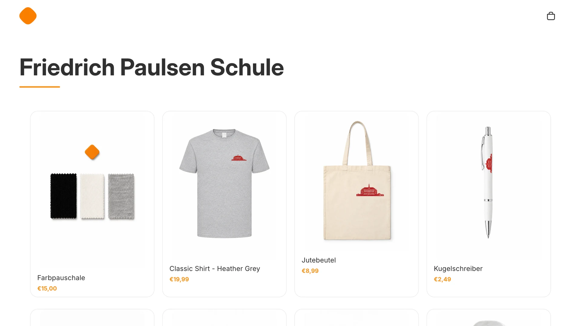 Schulshop der Friedrich Paulsen Schule mit Schulnamen, bedrucktem Shirt, Jutebeutel und weiteren Produkten